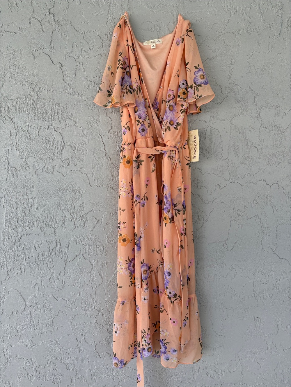 Rewind Peach Floral Wrap Maxi Dress with Lavender Accents NWT